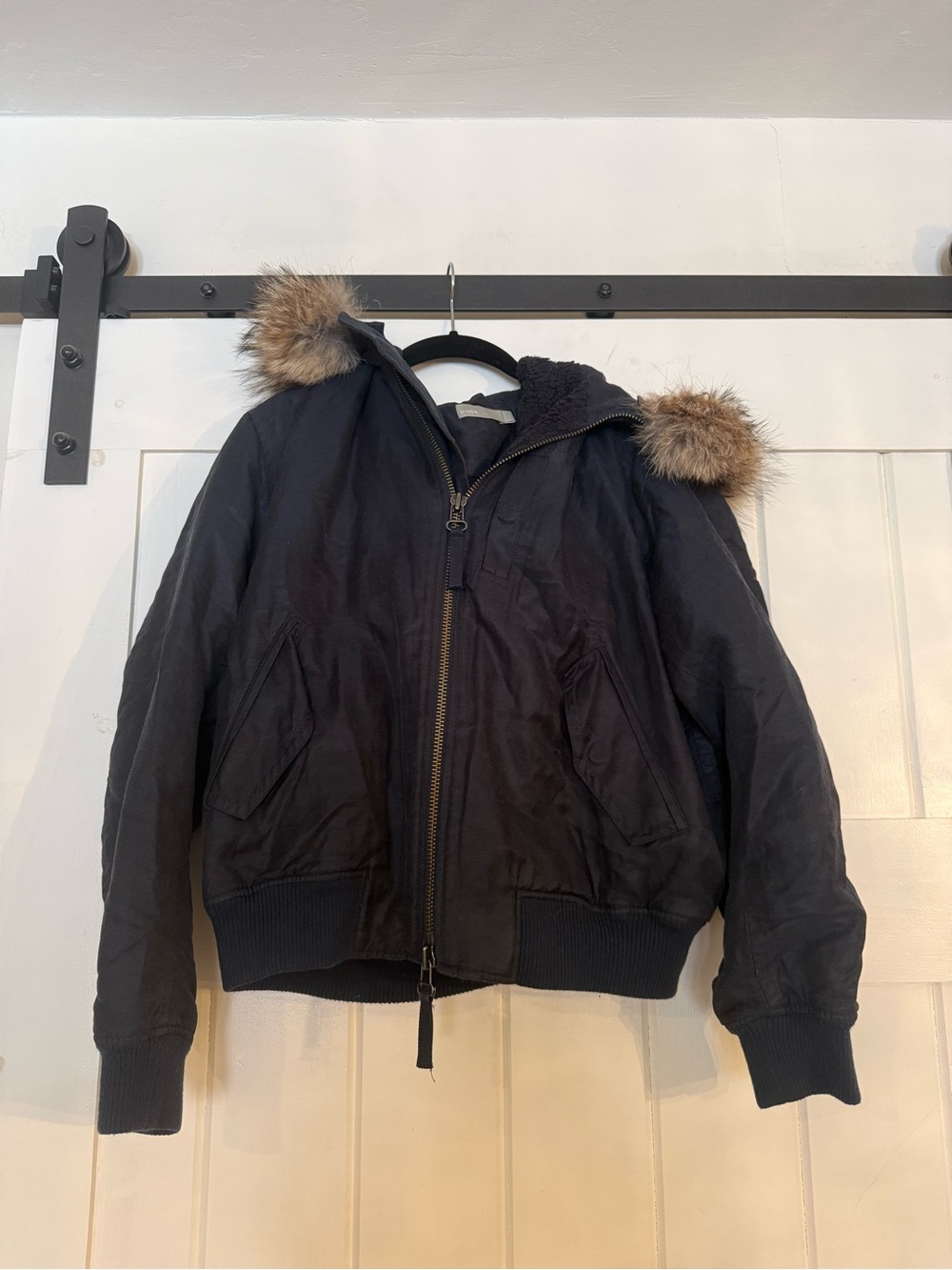 Vince Black Bomber Jacket with Fur-Trim Hood